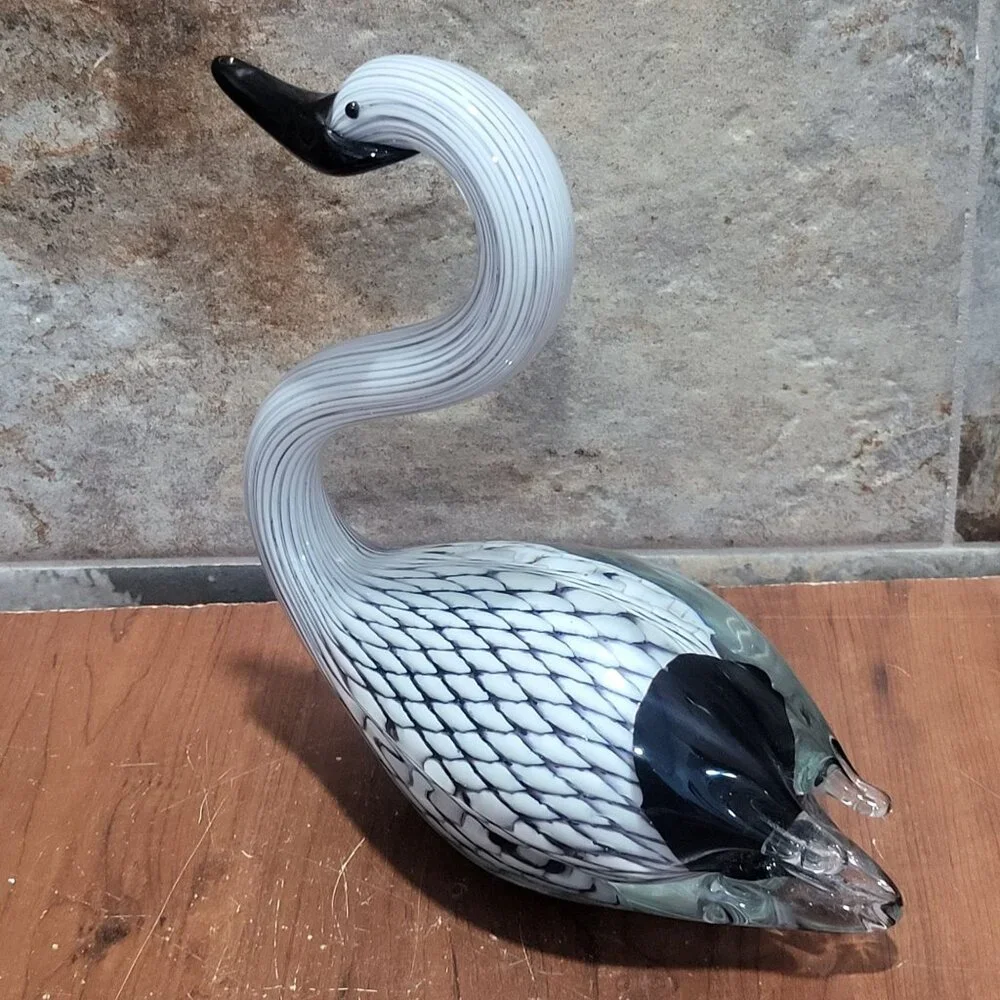 Hand Blown Art Glass Black White Swan Sculpture Glass Duck